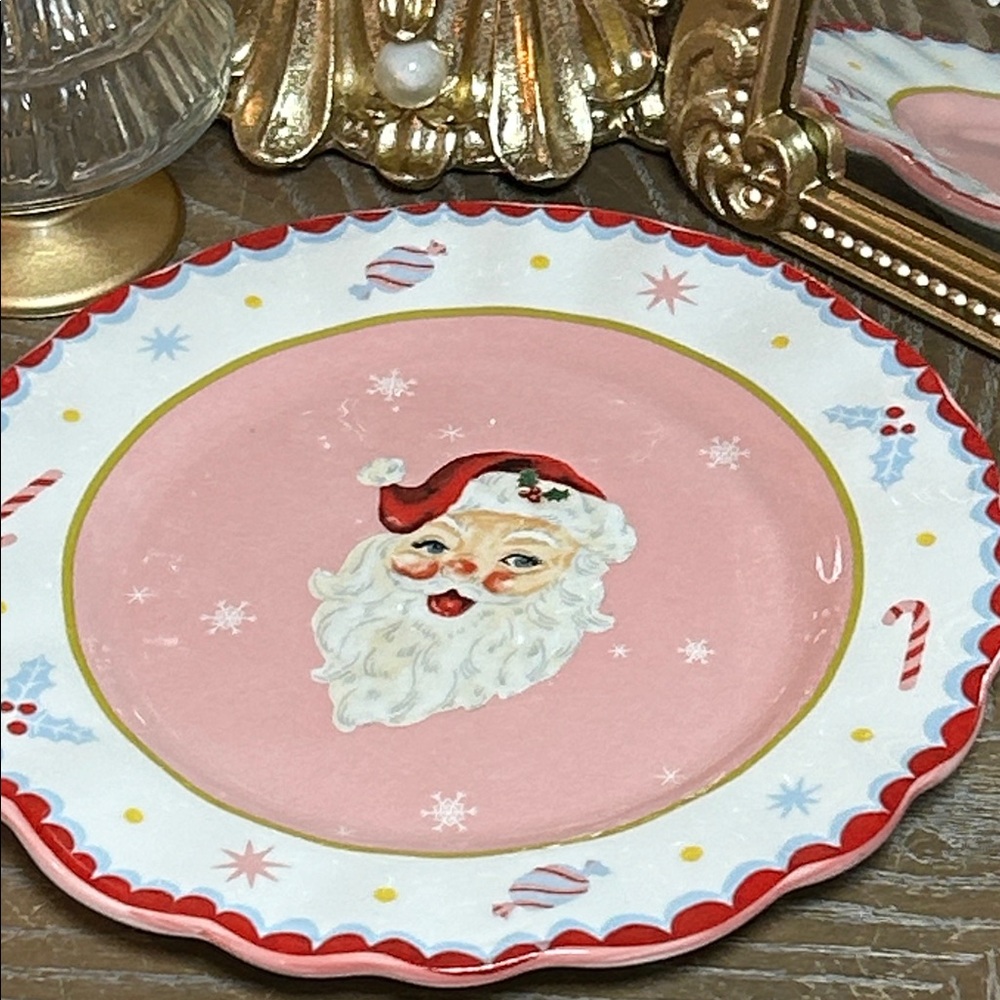 NEW! Vintage Inspired Pink Santa Serving Cookie Plate & Candy Cane Scallop Trim - Picture 3 of 6